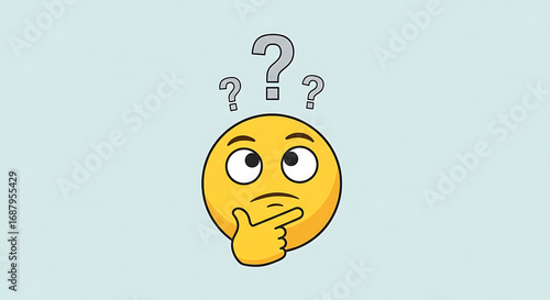 A yellow cartoon emoji with a pensive expression, hand on its chin, and question marks above its head, representing thought and confusion.