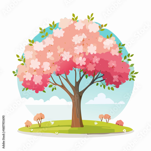 Vector watercolor blooming flower tree side view isolated on white background for landscape and architecture drawing, elements for environment or and garden,Sakura trees for .