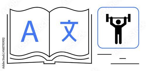 Open book with multilingual characters and person lifting weights. Ideal for education, language learning, strength building, self-improvement, knowledge, training, simple landing page