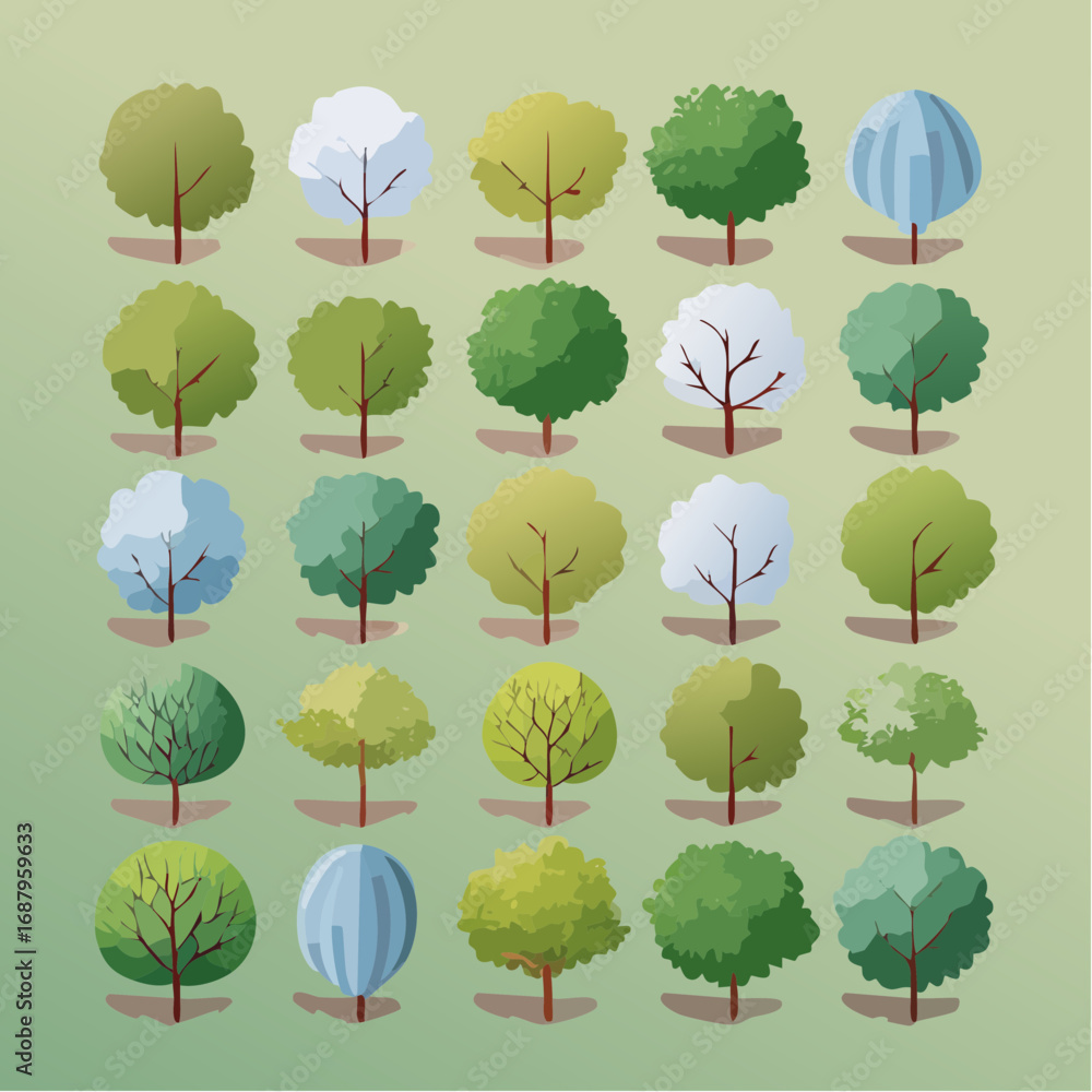 Collection of watercolor tree top view for landscape plan and architecture layout