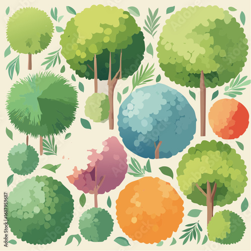 Collection of watercolor tree top view for landscape plan and architecture layout