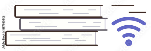 Three books stacked beside a purple wireless icon suggesting e-learning, digital libraries, and modern education methods. Ideal for technology, innovation, learning, literacy, connectivity, remote