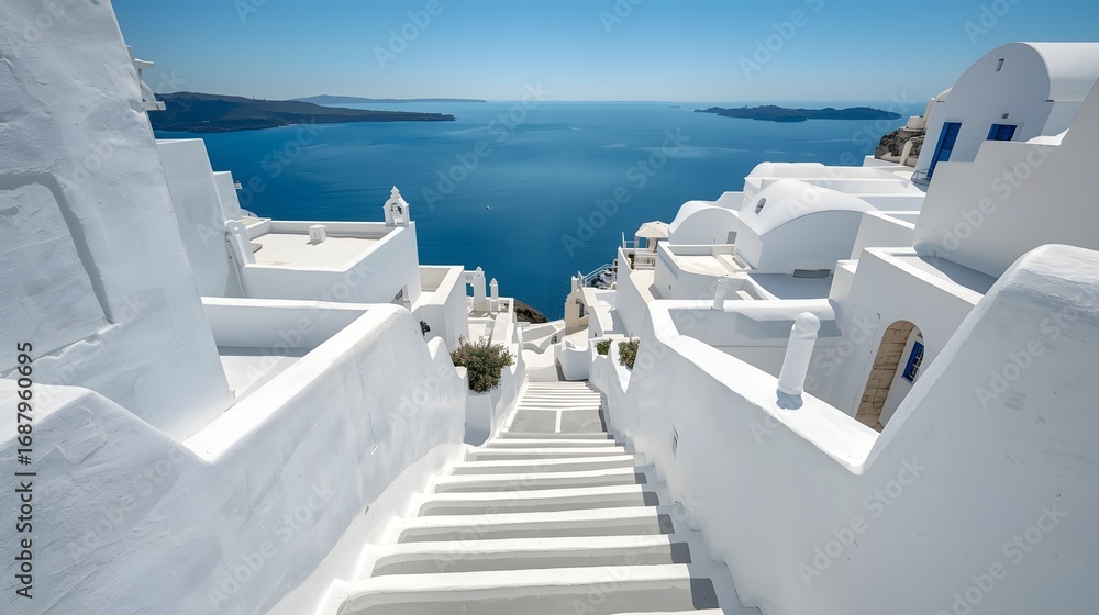 Obraz premium Picturesque view of traditional whitewashed architecture with narrow stone steps leading down to the deep blue sea in Santorini, Greece, showcasing Mediterranean beauty and charm