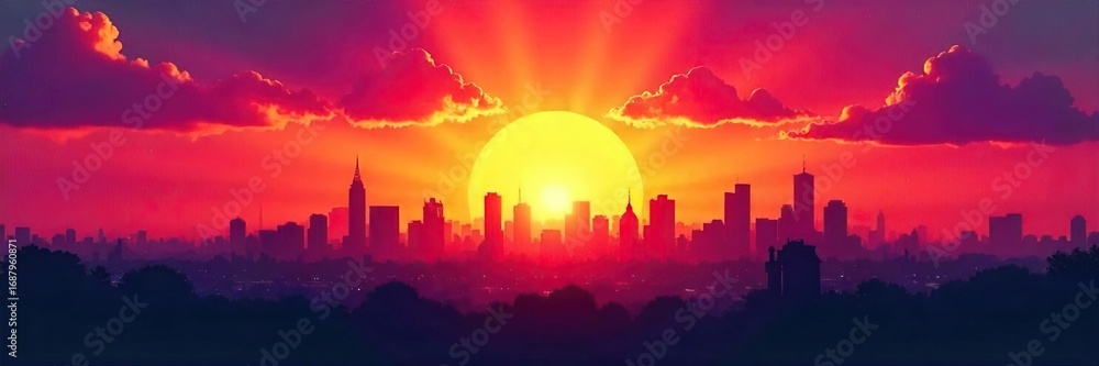 Fototapeta premium Vibrant Sunrise Cityscape Silhouette Hope, Progress, and a Promising Future