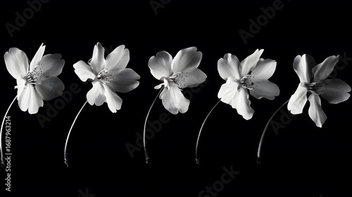 Elegant Monochrome Five Cherry Blossoms Row Black Background