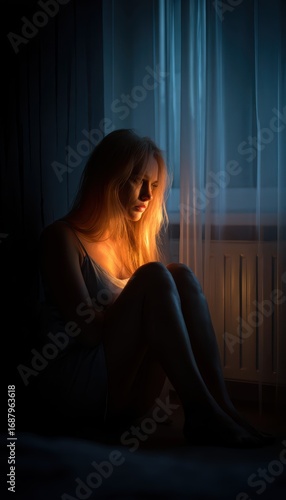 Woman in shadows, illuminated by light