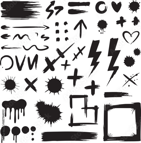 Decorative grunge set with brush lines, strokes, highlighters, graffiti spray stains, splatter marks, dirty texture, sketch, arrows and doodles set