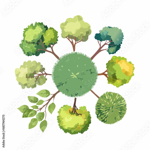 set of watercolor tree top view isolated for landscape plan and architecture element