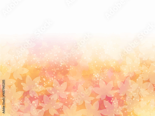 秋の紅葉のイメージの背景素材。水彩風テクスチャー。紅葉の葉っぱのシルエット全面。セピア調の落ち着いた色調。ふんわりした光の輝き。コピースペース。