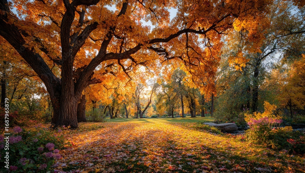 Fototapeta premium Autumnal park path bathed in golden sunlight. Sunlight streams through vibrant, orange-yellow trees, illuminating a path strewn with fallen leaves