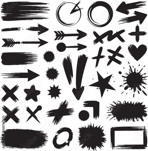 set of black and white arrows,Decorative grunge set with brush lines, strokes, highlighters, graffiti spray stains, splatter marks, dirty texture, sketch, arrows and doodles set,