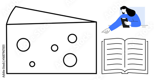 Cheese wedge with circular holes, open book with lines, and professional woman holding a clipboard. Ideal for education, food industry, presentation, creativity, training, knowledge sharing simple