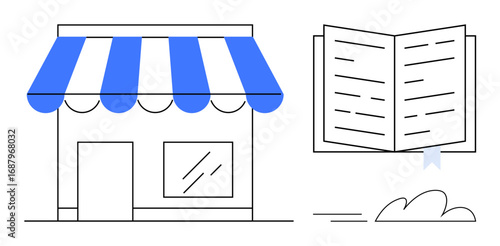 Storefront under striped awning beside an open book with bookmark. Ideal for retail, education, small business, entrepreneurship, learning, reading, business strategy. Simple flat metaphor