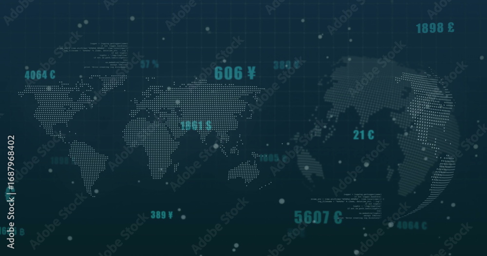 Naklejka premium Displaying dotted world map and globe on teal data dashboard, showing floating numeric data points