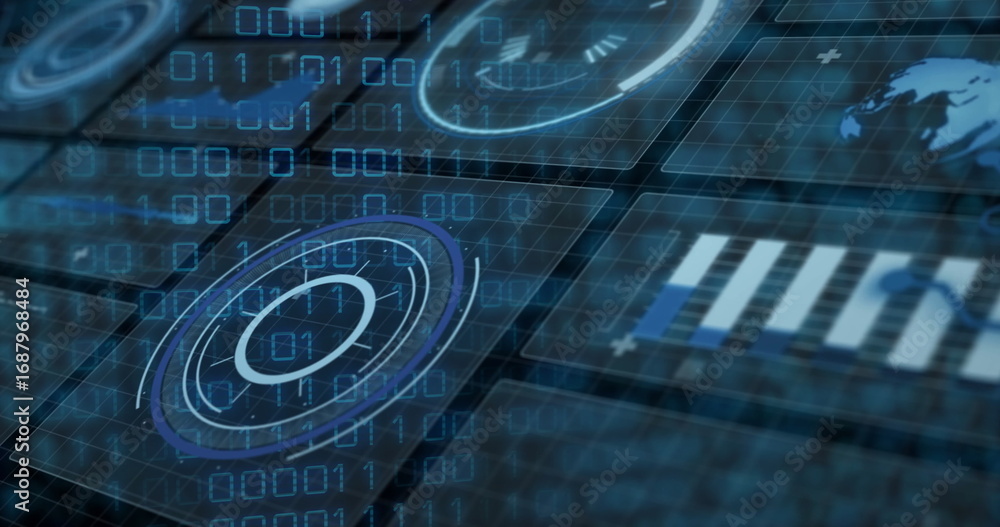 Obraz premium Rotating central circular HUD interface on command center console, with digit streams and bar chart