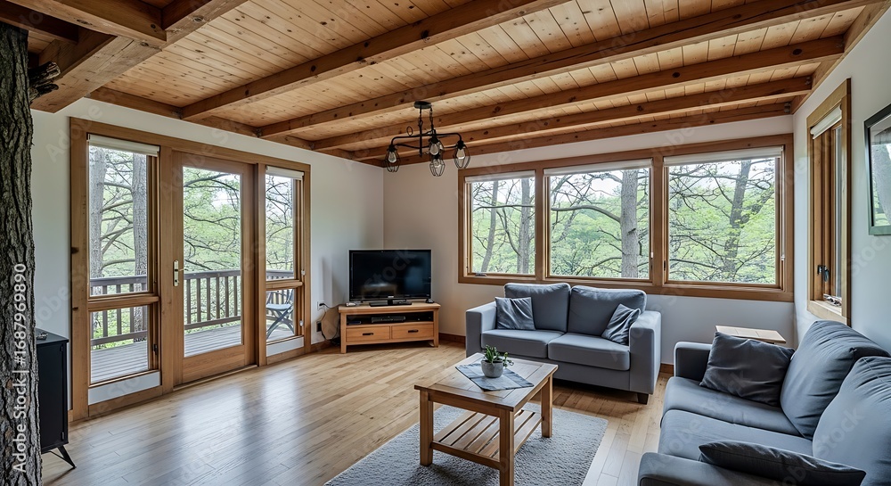 Fototapeta premium Cozy living room with wood accents offering a tranquil view of the verdant forest outside, creating a warm and
