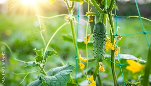 Cucumber growing on a vine in a garden