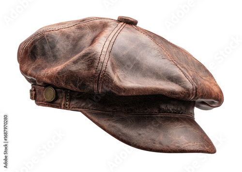 Distressed brown leather newsboy cap