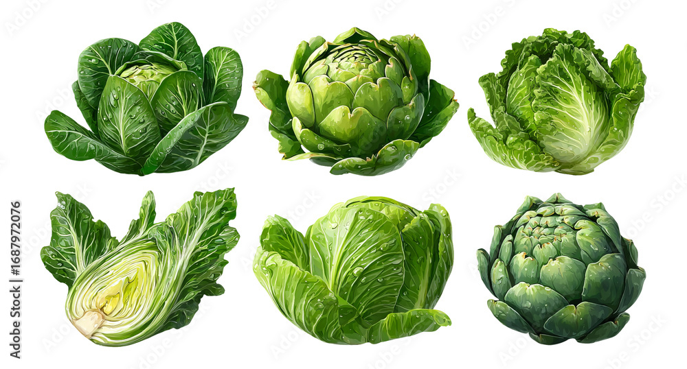 Fototapeta premium Fresh Green Cabbages and Lettuce Varieties on Transparent Background