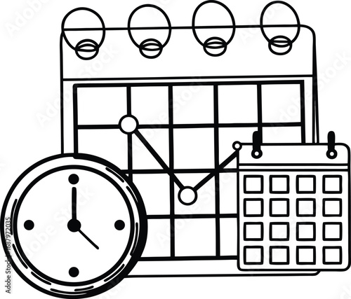 Ultra clean single line icon of chart + calendar + deadline clock + teamwork.