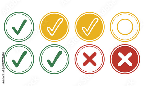 Collection of checkmarks and crosses in circles for approval and rejection