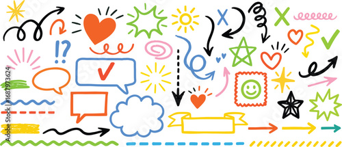 Hand-drawn doodle style vector set with arrows, symbols, hearts, stars, and highlights. Perfect for school notes, presentations, planners, and creative designs in an informal sketch style.