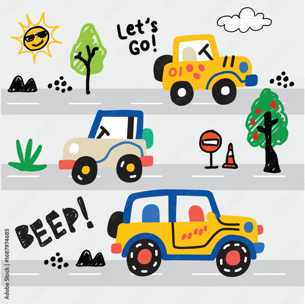 Fototapeta premium Cute Cartoon Off road Cars with Road and Trees Vector for Kids