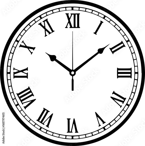 Elegant Roman numeral clock face displays precise time with classic design and sophisticated appeal