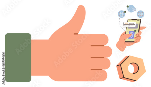 Large thumb up, hand holding phone with messages and coins, hex nut. Ideal for approval, online communication, success, mobile technology, digital wallets, e-commerce user feedback simple flat