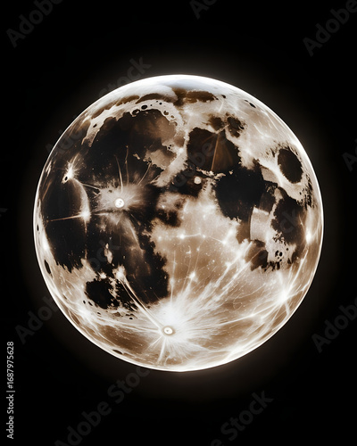 Full moon with glowing craters and dark spots on a black background