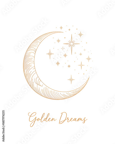 Golden crescent moon with stars and golden dreams isolated on transparent background