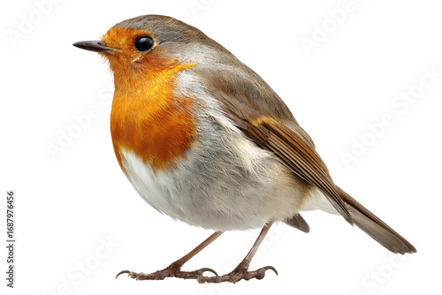 Close-up of a small bird, side profile.  Bright orange breast, gray/white wings and back.  Distinct eye