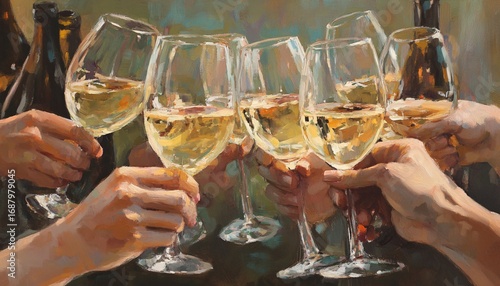 Several hands hold and clink glasses of white wine, with wine bottles in the background, in this celebratory painting.