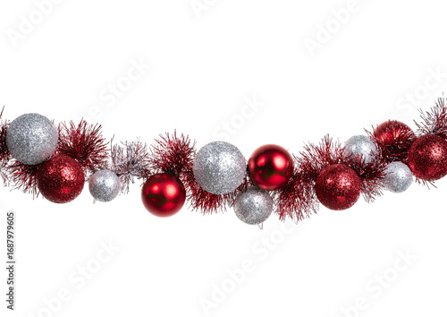 Christmas garland with red and silver ornaments and tinsel