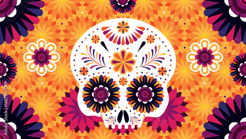 Cuadro en lienzo Ilustración de calavera del Día de Muertos con colores vivos, flores de cempasúc