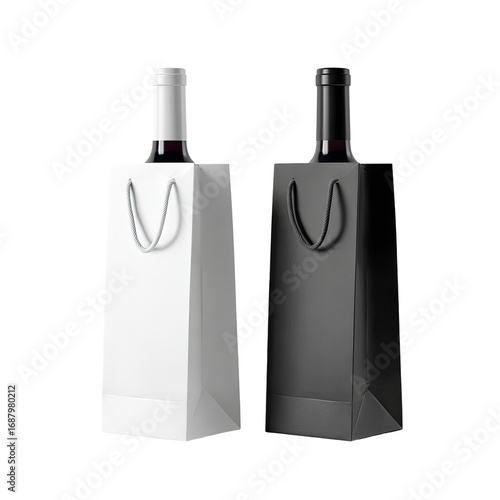 Two wine gift bags, one white and one black, hold bottles of red wine