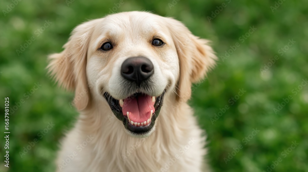 Obraz premium Happy Golden Retriever Dog Smiling Outdoors on a Bright Sunny Day Surrounded by Green Grass and Flowering Plants in a Natural Setting