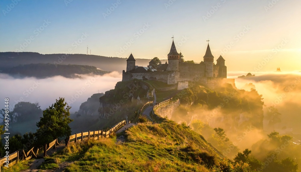Obraz premium Misty Sunrise at Medieval Castle