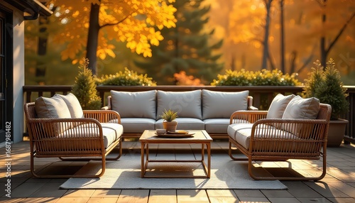 Outdoor patio seating area with wicker furniture and autumn foliage in the background scenery view