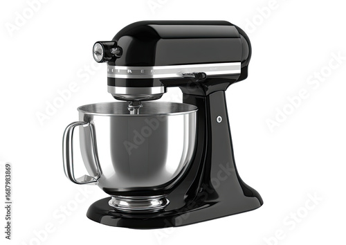Glossy black stand mixer with stainless steel bowl