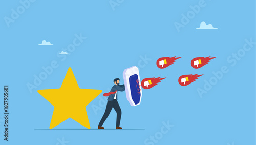 Businessman shield protect star reputation form thumb down feedback. Protect brand reputation, trust or manage negative customer review, feedback or engagement, marketing solution, strategy.