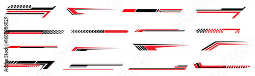 Race car lines. Racing stripe decals, Black and red speed line stripes. Isolated vector stickers set