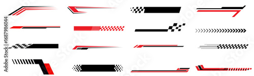 Race car lines. Racing stripe decals, Black and red speed line stripes, checkered patterns, typography for sport vehicle and boat tuning.  Isolated vector stickers set