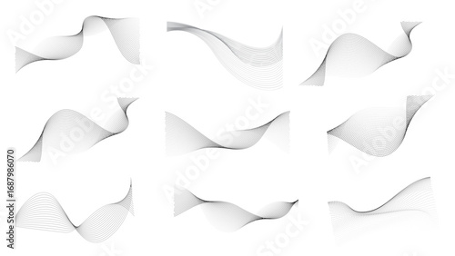 Dotted halftone waves. Twisted wavy line with dotted point texture and halftone gradient wave flow. Vector set