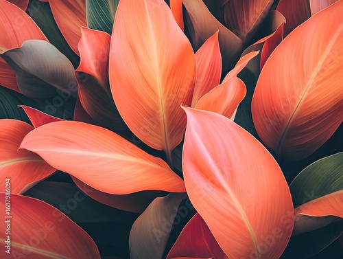 Vibrant Coral and Green Tropical Leaves Botanical Background
