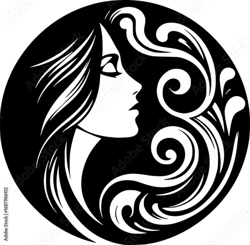 Minimalist black and white vector icon of a woman’s side face in abstract style, clean lines, modern, scalable, ideal for logos or stickers.