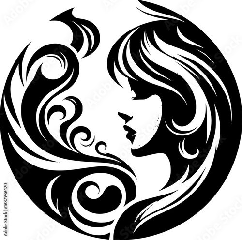 Minimalist black and white vector icon of a woman’s side face in abstract style, clean lines, modern, scalable, ideal for logos or stickers.