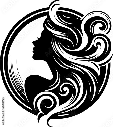 Minimalist black and white vector icon of a woman’s side face in abstract style, clean lines, modern, scalable, ideal for logos or stickers.