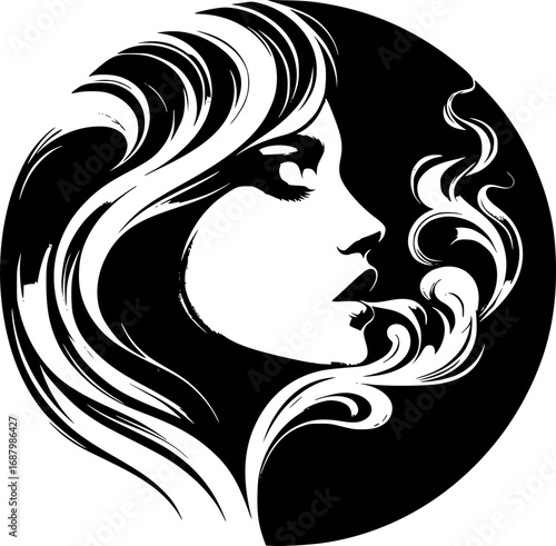 Minimalist black and white vector icon of a woman’s side face in abstract style, clean lines, modern, scalable, ideal for logos or stickers.