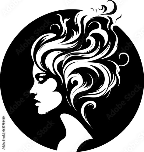 Minimalist black and white vector icon of a woman’s side face in abstract style, clean lines, modern, scalable, ideal for logos or stickers.